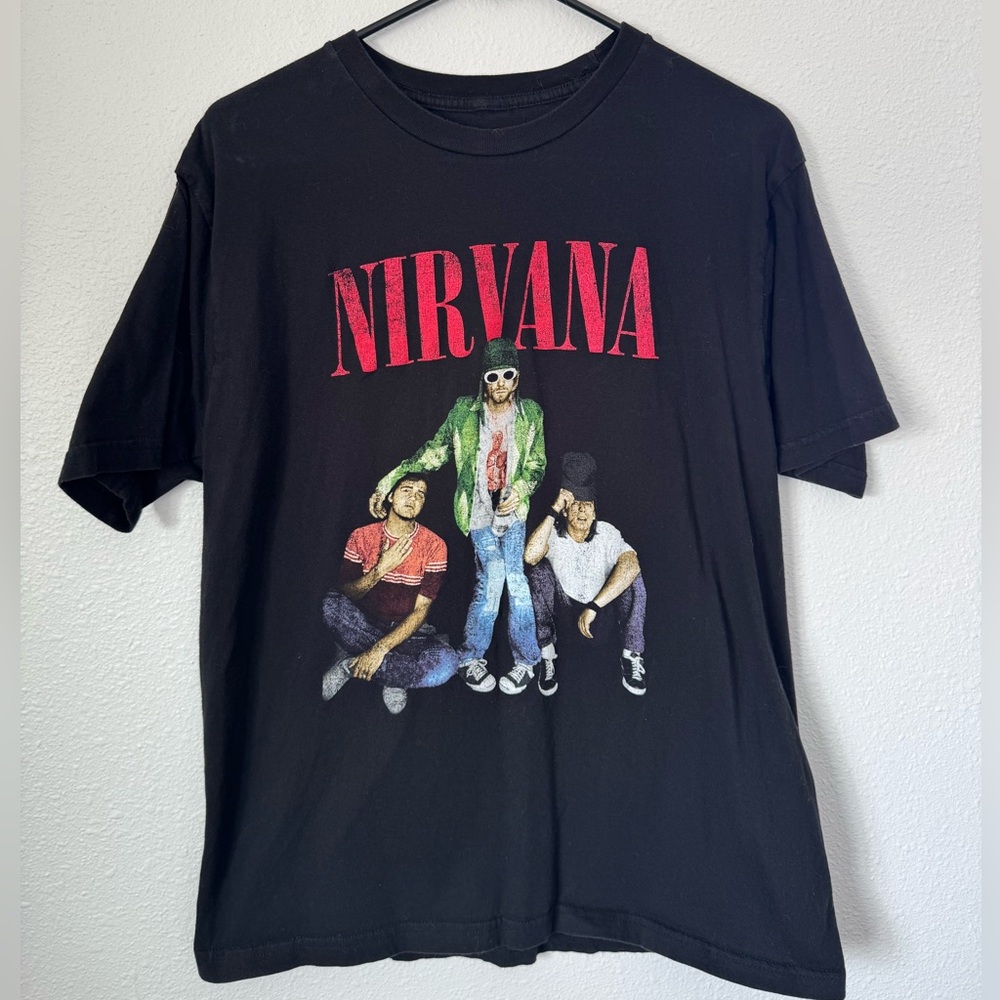 NIRVANA Black Tee with Red Logo and Band Graphic